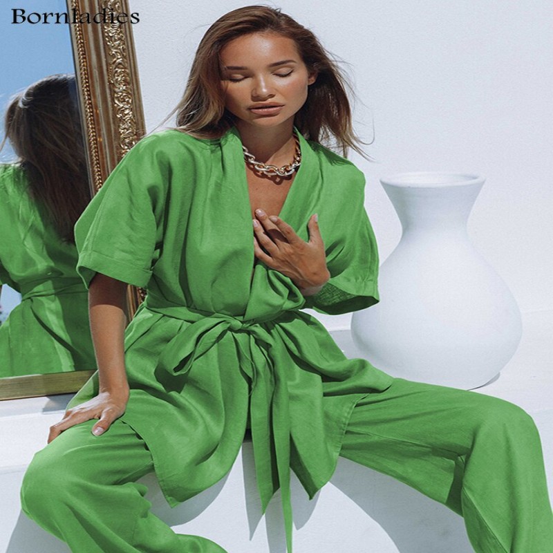 Bornladies Green Cotton Vacation Trousers Suits Casual 2 Pieces Suits Half Sleeves Wrap Shirts and Wide Leg Pants Summer Outfits