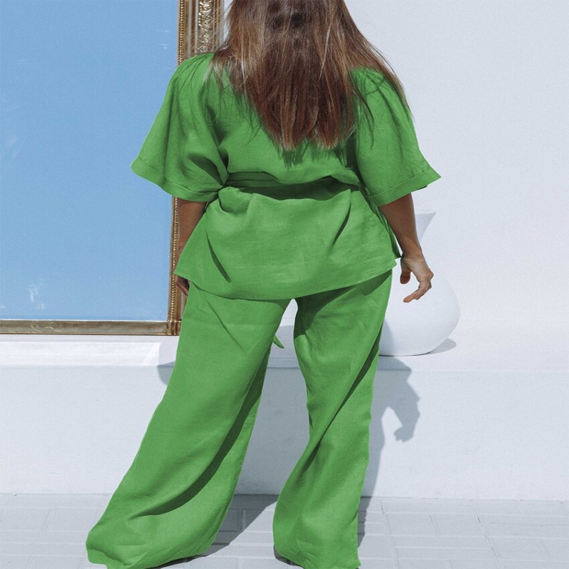 Bornladies Green Cotton Vacation Trousers Suits Casual 2 Pieces Suits Half Sleeves Wrap Shirts and Wide Leg Pants Summer Outfits