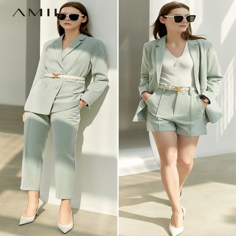 Amii Minimalism Spring Office Lady Blazer Women Jacket Lace V-neck Tanks High Waist Pants Separately Female Shorts 12060909