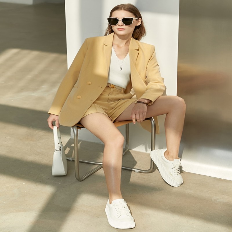 Amii Minimalism Spring Office Lady Blazer Women Jacket Lace V-neck Tanks High Waist Pants Separately Female Shorts 12060909