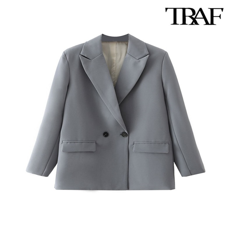 TRAF Women Chic Office Lady Double Breasted Blazer Vintage Coat Fashion Notched Collar Long Sleeve Ladies Outerwear Stylish Tops