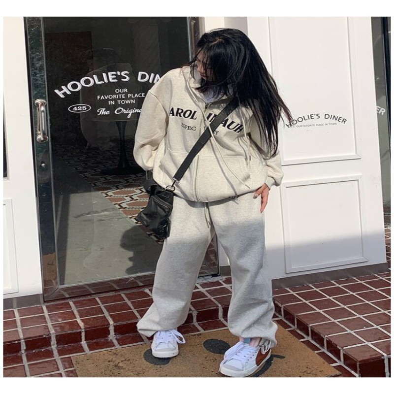 HOUZHOU Hip Hop Gray Pants Women Two Piece Sets Sweatshirts Harajuku Korean Suit Outfit Oversize Jogging Sweatpants and Hoodies