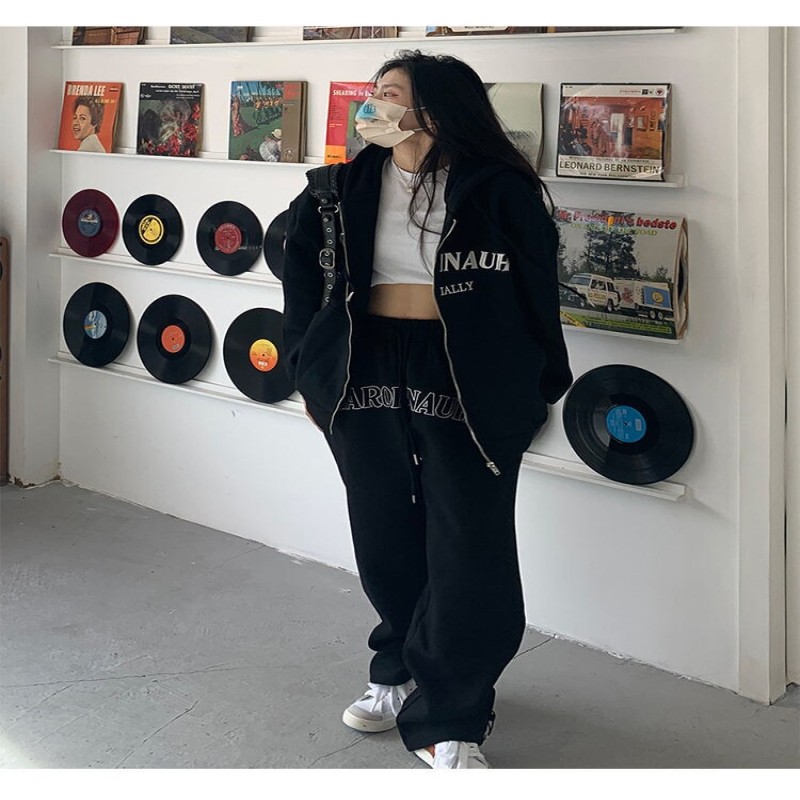 HOUZHOU Hip Hop Gray Pants Women Two Piece Sets Sweatshirts Harajuku Korean Suit Outfit Oversize Jogging Sweatpants and Hoodies