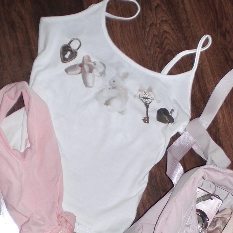2000s Fairycore Camisole y2k Women Spaghetti Strap Crop Top Kawaii Sweet White Camis Tanks Grunge Aesthetic clothes emo clothing