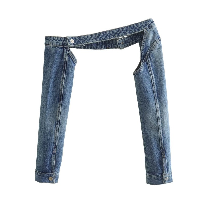 PB&amp;ZA spring new women's design sense denim sleeves long-sleeved one-word collar strapless top 8197/604