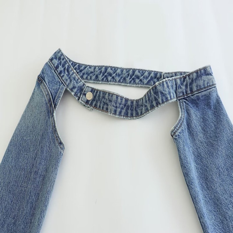 PB&amp;ZA spring new women's design sense denim sleeves long-sleeved one-word collar strapless top 8197/604