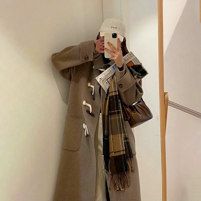 College style Japanese lovely woolen coat medium length ox horn buckle student JK coat camel winter coat 2022 autumn winter new