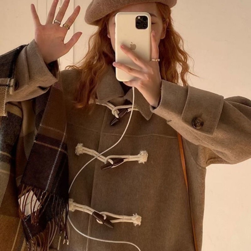 College style Japanese lovely woolen coat medium length ox horn buckle student JK coat camel winter coat 2022 autumn winter new