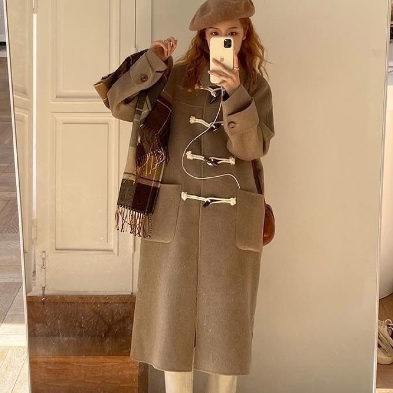 College style Japanese lovely woolen coat medium length ox horn buckle student JK coat camel winter coat 2022 autumn winter new