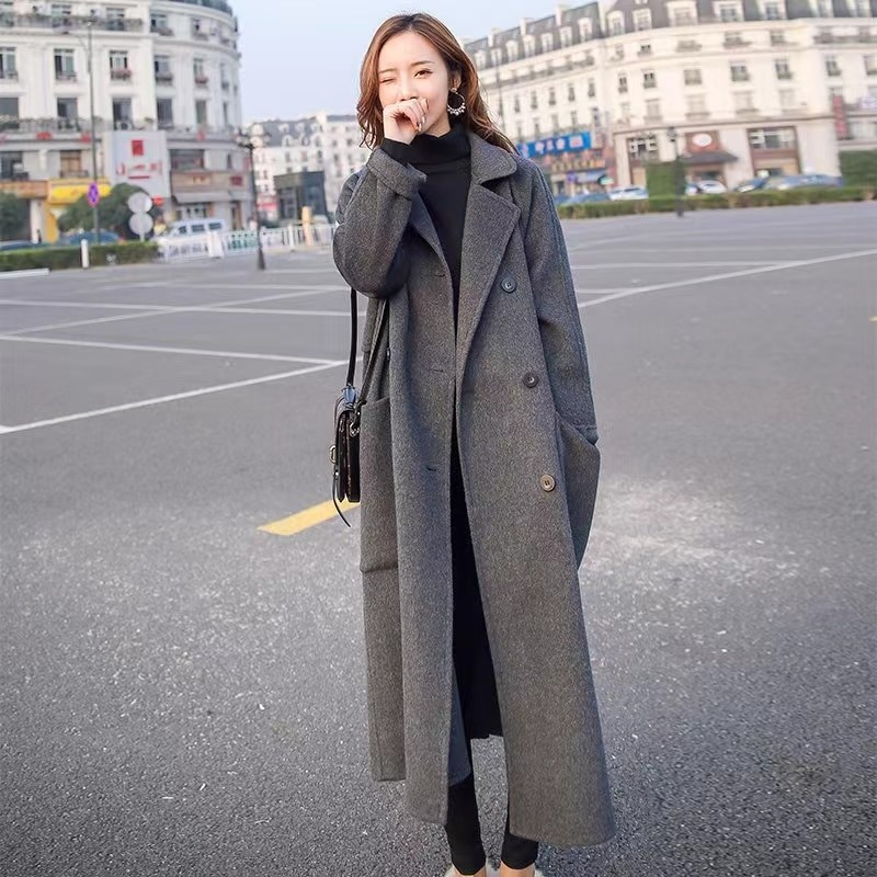 2022 women's medium length coat winter fashion warm high quality wool coat women's elegant double row button long wool coat