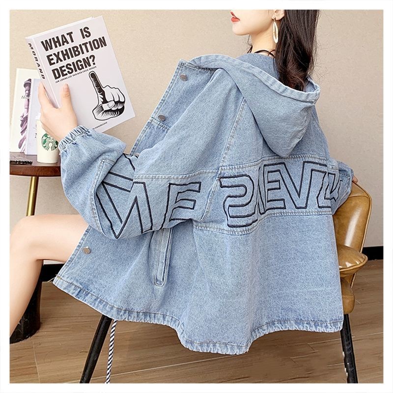 2022 spring new denim jacket women's loose Korean cardigan medium and long hooded age reducing foreign style embroidery top