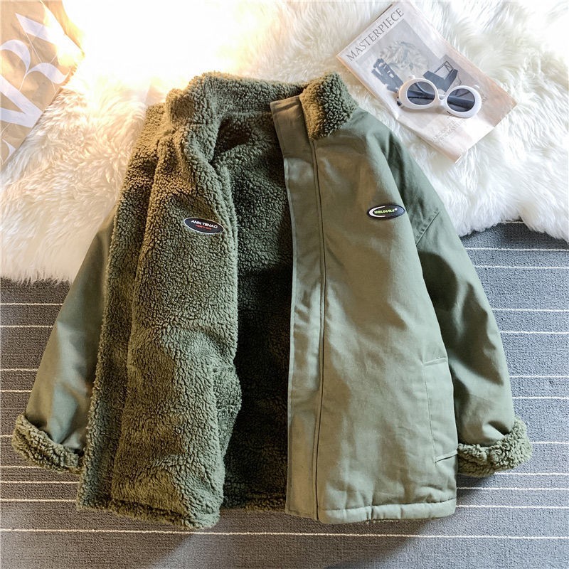 Deeptown Hip Hop Harajuku Jackets Fleece Fluffy Jacket Streetwear Zipper Coat Couple Oversize Two Sides Wear Balck Green Fahsion