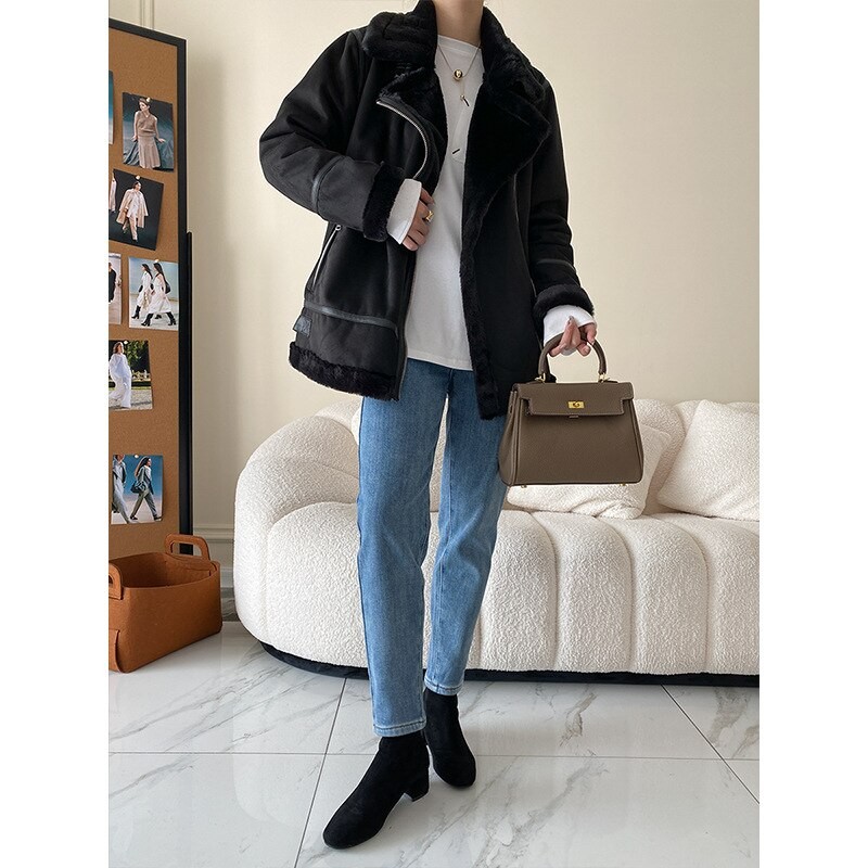 Women's Fur One Lamb Wool Lapel Jacket Fashion Double-sided Short Jacket Coat 2022 Autumn and Winter Warm Cotton Jacket Coat