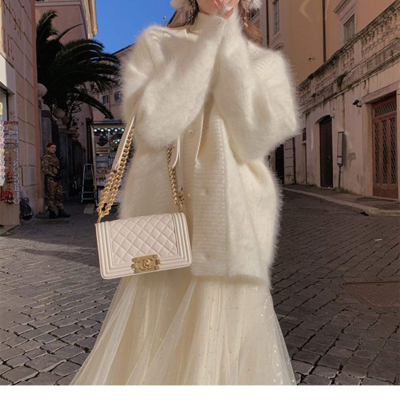 High quality women's mink cashmere cardigan sweater coat Korean autumn fashion V-neck knitted mohair thick loose sweater coat