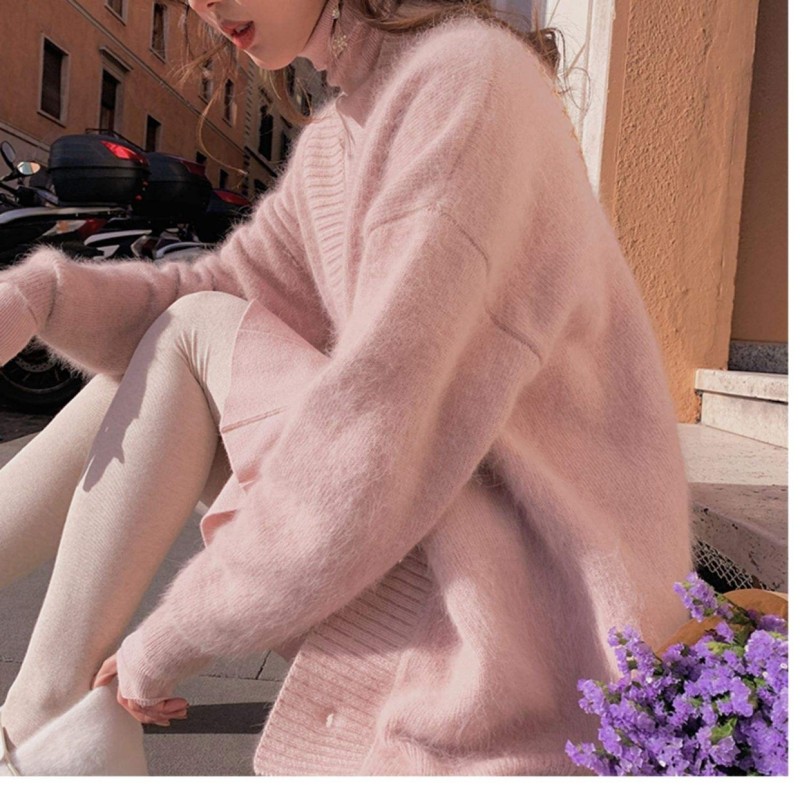 High quality women's mink cashmere cardigan sweater coat Korean autumn fashion V-neck knitted mohair thick loose sweater coat