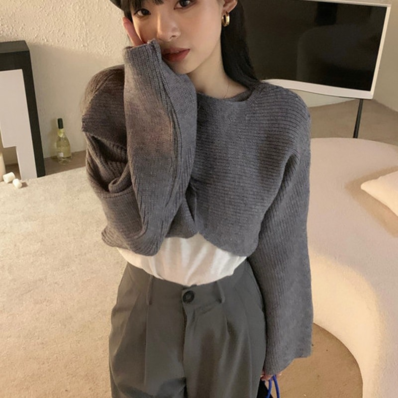 Short Women's Pullovers Sweaters Autumn Winter 2022 Streetwear Knitted Sweater Long Sleeve Cross Irregular Solid Y2K Tops 22933