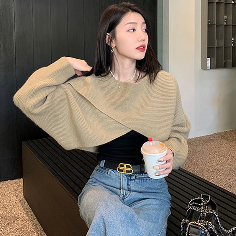 Short Women's Pullovers Sweaters Autumn Winter 2022 Streetwear Knitted Sweater Long Sleeve Cross Irregular Solid Y2K Tops 22933