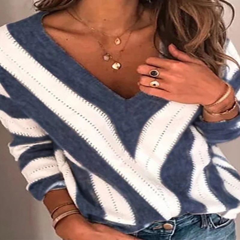 UCAK Fashion Streetwear Striped Patchwork V-Neck Sweater Women Autumn Winter Warm Knitted Pullover Female Elegant Jumper W1004