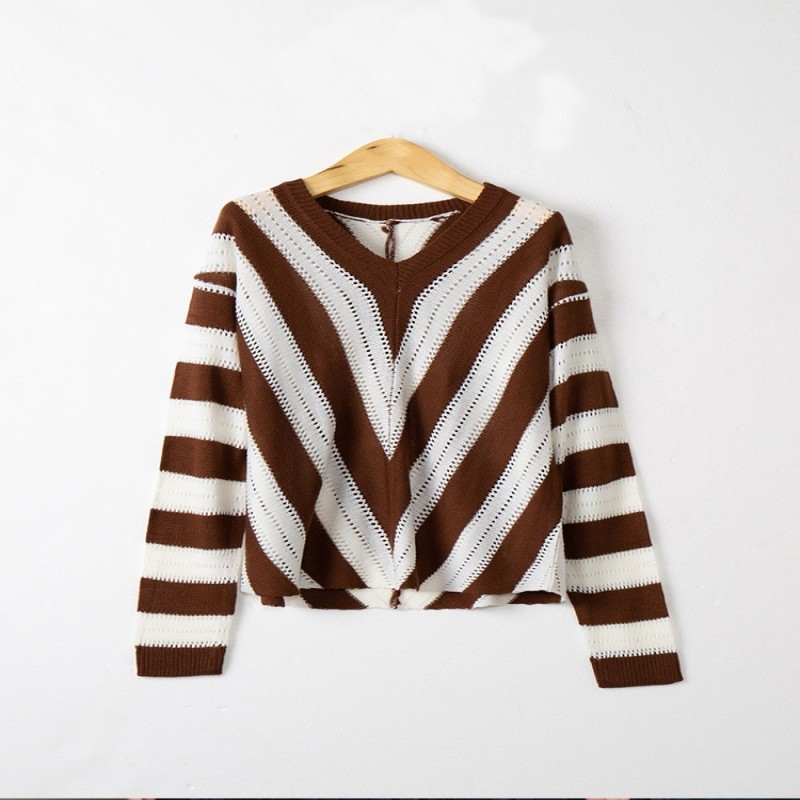 UCAK Fashion Streetwear Striped Patchwork V-Neck Sweater Women Autumn Winter Warm Knitted Pullover Female Elegant Jumper W1004