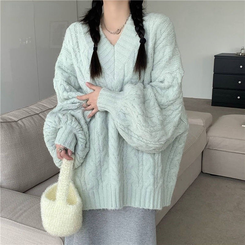 Beige knitting V-neck pullover sweater thickened warm sweater in autumn and winter coat medium long loose Korean sweet sweater