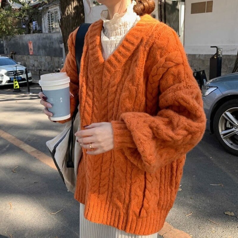 Beige knitting V-neck pullover sweater thickened warm sweater in autumn and winter coat medium long loose Korean sweet sweater