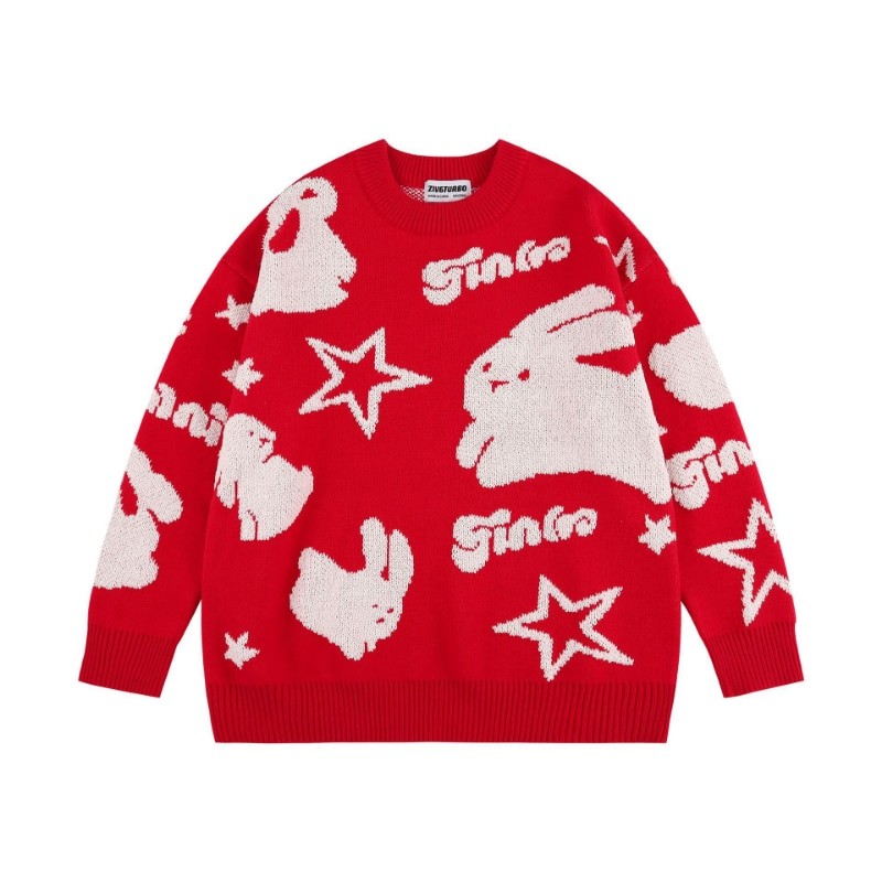 Sweater Women Winter Loose Rabbit Printed Pullover Butterfly Thickened Round Neck Long Sleeve Knitting Top Female Dropshipping