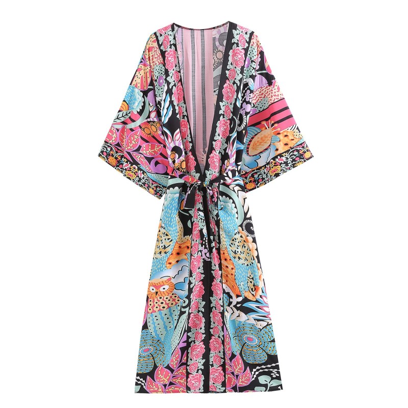 Vintage Chic Floral Print Long Kimono Belt Beachwear Retro Print Lace-up Robe Cover Ups Rayon Cotton Boho Kimonos Mujer