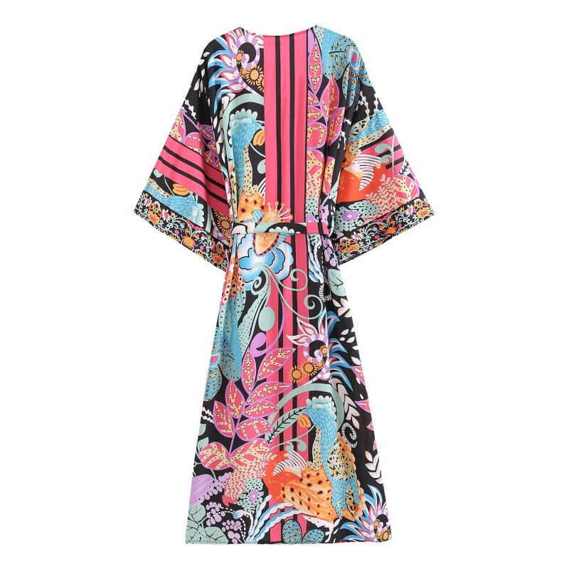 Vintage Chic Floral Print Long Kimono Belt Beachwear Retro Print Lace-up Robe Cover Ups Rayon Cotton Boho Kimonos Mujer