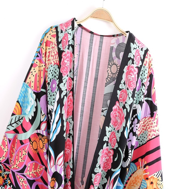 Vintage Chic Floral Print Long Kimono Belt Beachwear Retro Print Lace-up Robe Cover Ups Rayon Cotton Boho Kimonos Mujer