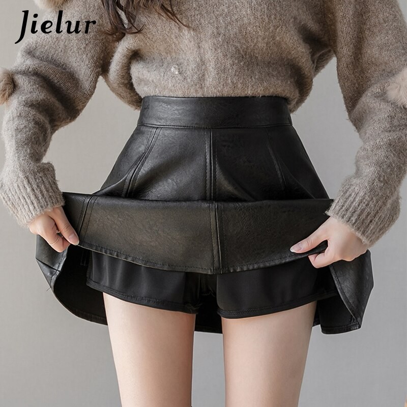 Jielur PU Pleated Skirt Autumn Women Solid Color Leather Winter Skirts Womens Slim High Waist Saia Faldas Chic Zipper Mini Skirt