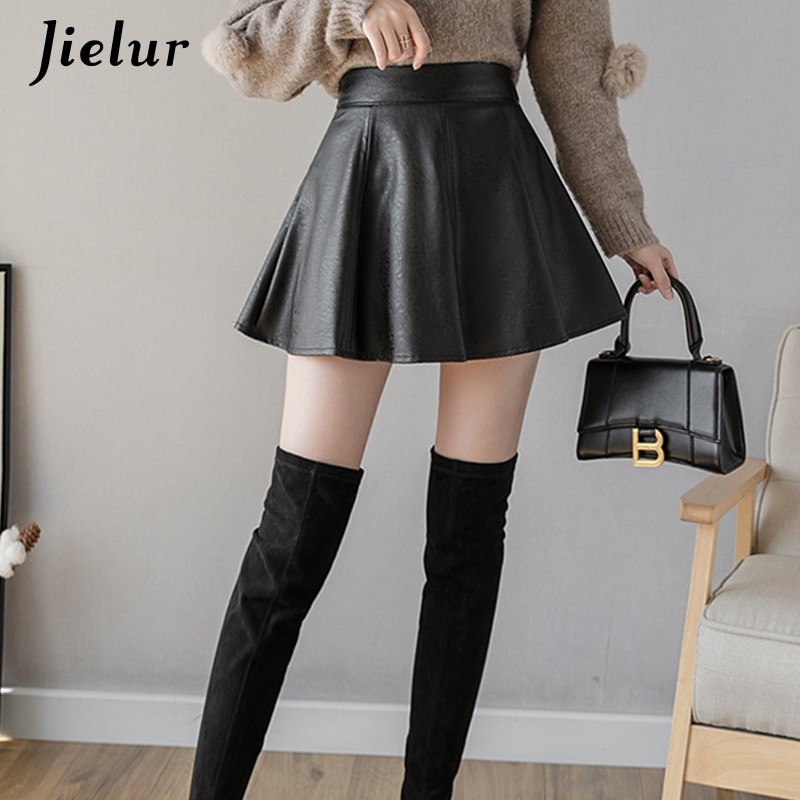 Jielur PU Pleated Skirt Autumn Women Solid Color Leather Winter Skirts Womens Slim High Waist Saia Faldas Chic Zipper Mini Skirt