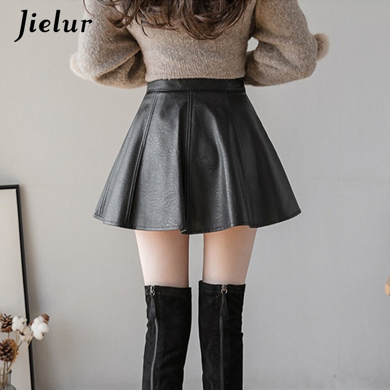 Jielur PU Pleated Skirt Autumn Women Solid Color Leather Winter Skirts Womens Slim High Waist Saia Faldas Chic Zipper Mini Skirt