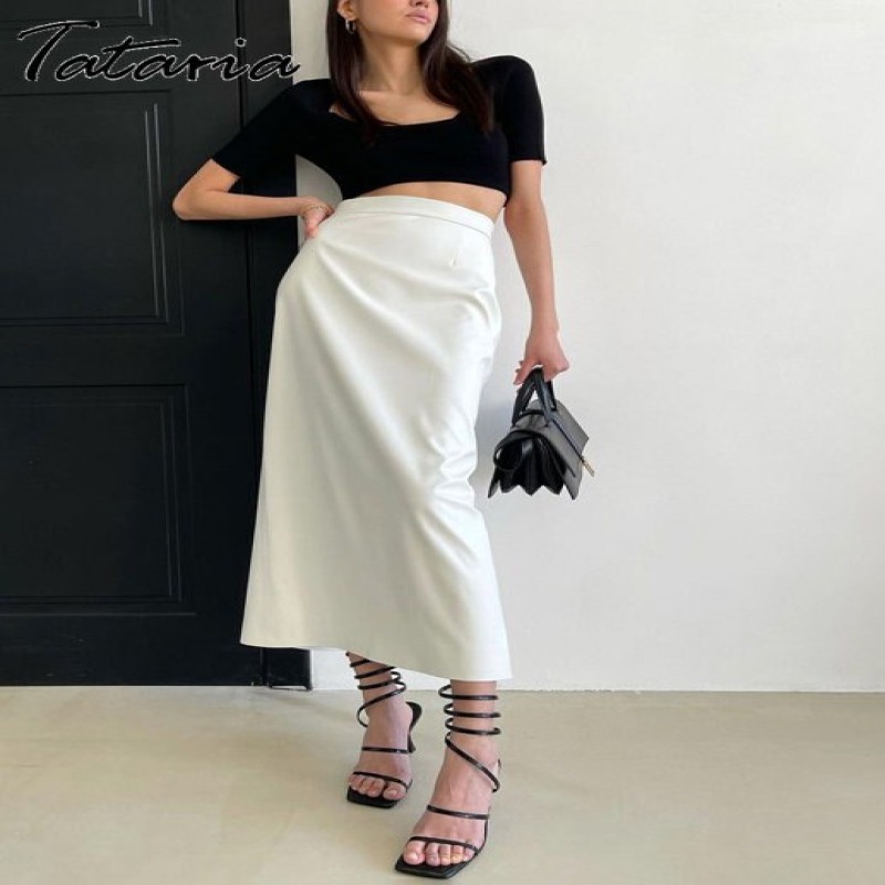 White Ice Silk Straight Skirt Women 2023 Spring Summer Chic and Elegant Woman Skirts High Waist Simple Office Long Maxi Skirt