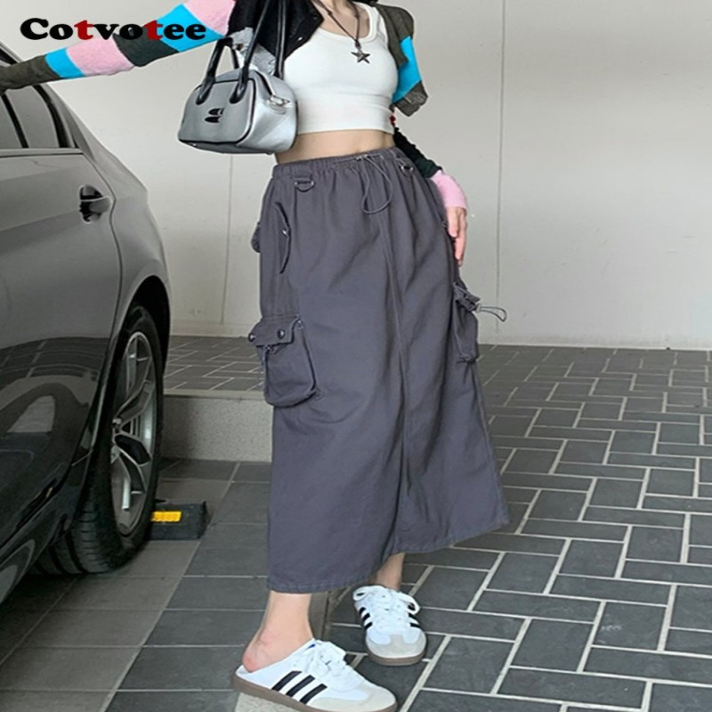 Yitimuceng Cargo Long Skirts for Women 2022 New  Vintage Streetwear Drawstring Split High Waist Loose Mid Calf Y2k Skirt