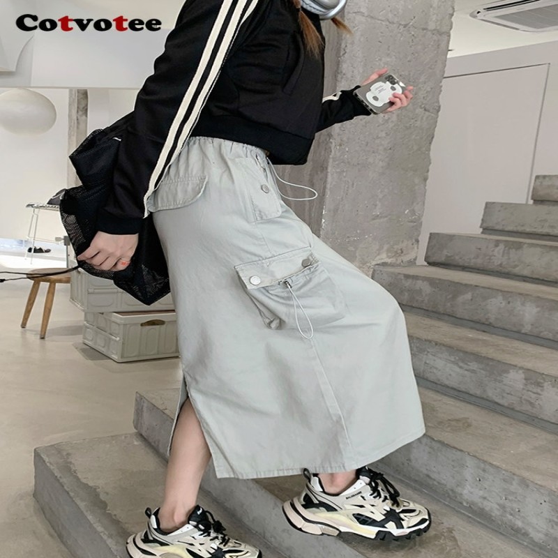 Yitimuceng Cargo Long Skirts for Women 2022 New  Vintage Streetwear Drawstring Split High Waist Loose Mid Calf Y2k Skirt