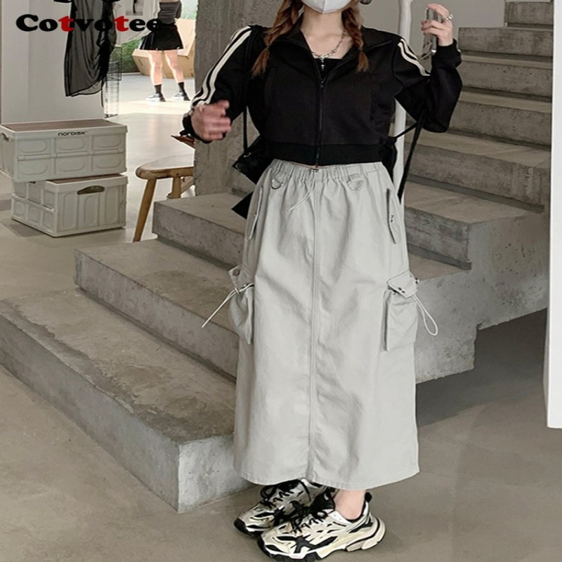 Yitimuceng Cargo Long Skirts for Women 2022 New  Vintage Streetwear Drawstring Split High Waist Loose Mid Calf Y2k Skirt