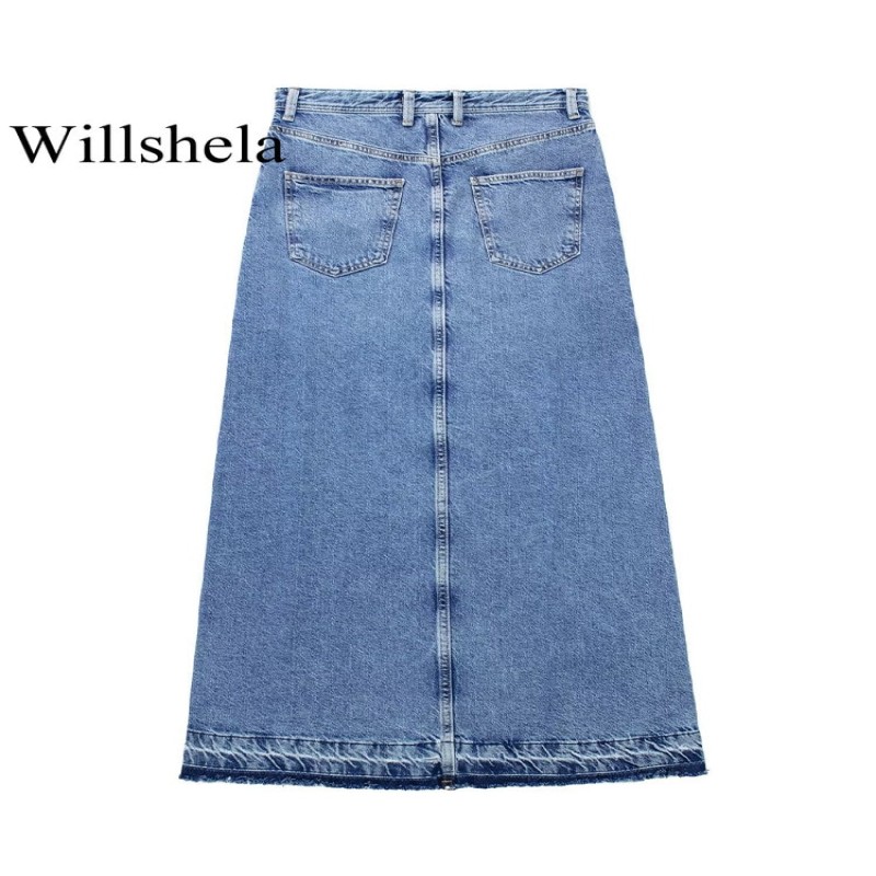 Willshela Women Fashion Denim Blue Solid Front Zipper Slit Maxi Skirt Vintage High Waist Female Chic Lady Skirt