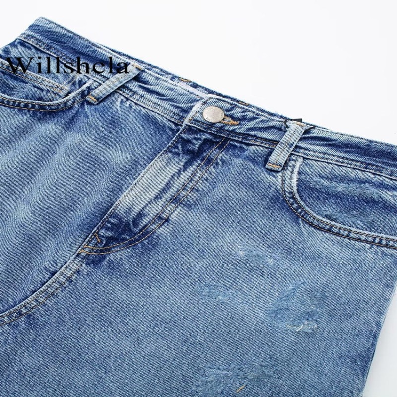 Willshela Women Fashion Denim Blue Solid Front Zipper Slit Maxi Skirt Vintage High Waist Female Chic Lady Skirt