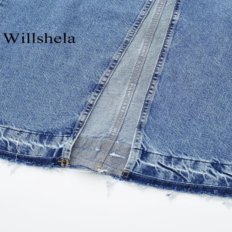 Willshela Women Fashion Denim Blue Solid Front Zipper Slit Maxi Skirt Vintage High Waist Female Chic Lady Skirt