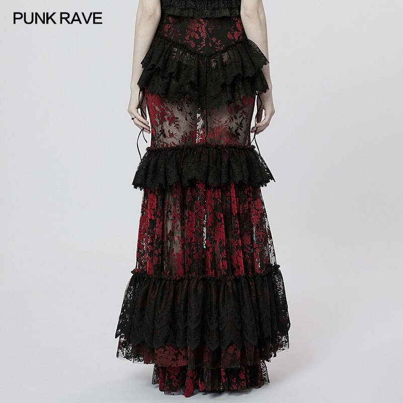 PUNK RAVE Women's Gothic Perspective Gorgeous Lace Skirt Side Velvet Drawcord Design Fashion Personality Long Skirts Women