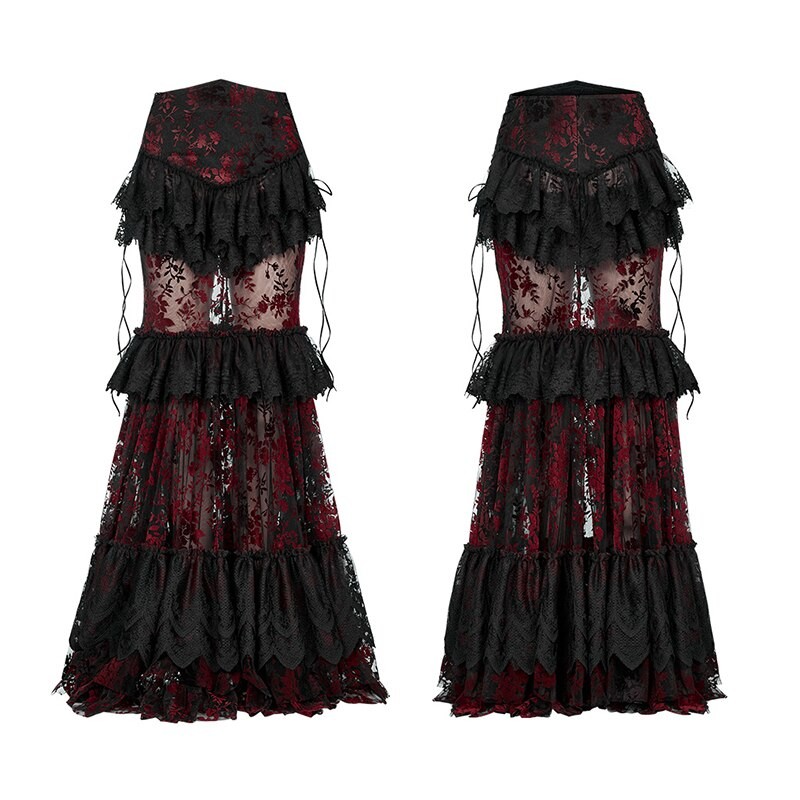 PUNK RAVE Women's Gothic Perspective Gorgeous Lace Skirt Side Velvet Drawcord Design Fashion Personality Long Skirts Women