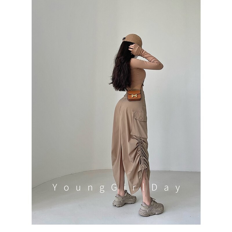Women's 2023 Spring New Style Europe and America Loose Drawstring Split Versatile Temperament Recreational Medium and Long Skirt