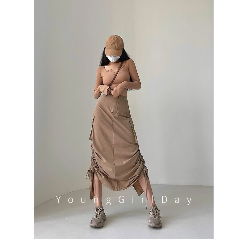 Women's 2023 Spring New Style Europe and America Loose Drawstring Split Versatile Temperament Recreational Medium and Long Skirt