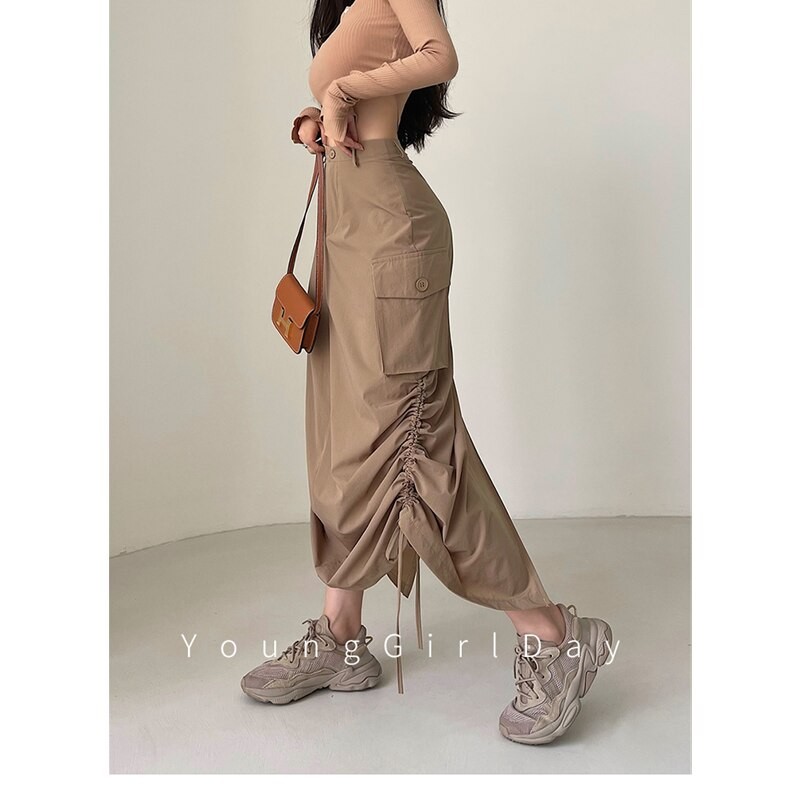 Women's 2023 Spring New Style Europe and America Loose Drawstring Split Versatile Temperament Recreational Medium and Long Skirt