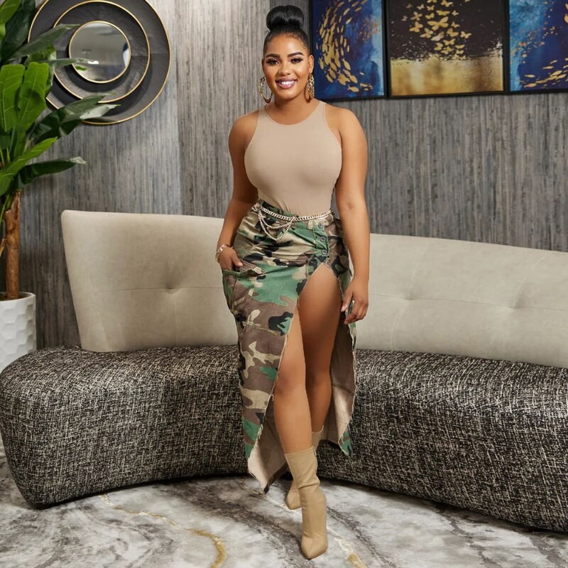 WUHE Fashion Camouflage Button Waist High Side Slit Slim Maxi Long Skirt 2023 Women Streetwear Female Classic Cargo Skirt
