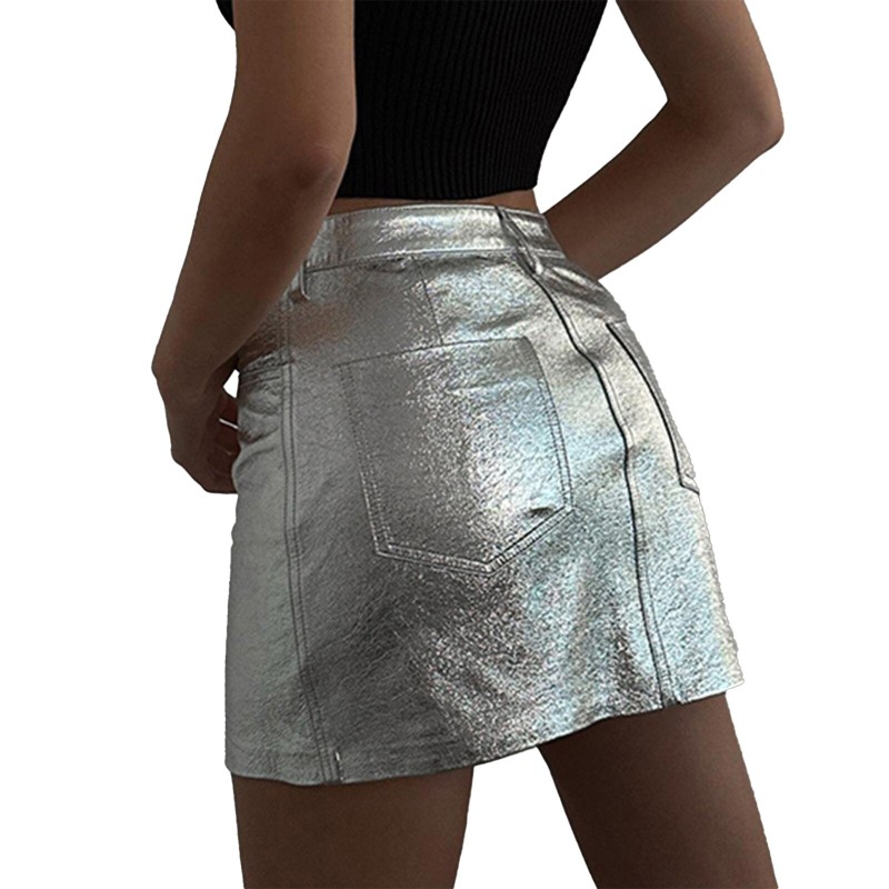 Womens Metallic Silver PU Mini Skirts A-Line Stretchy Bodycon Short Skirt for Festival Rave Party Clubwear Fashion Casual Wear
