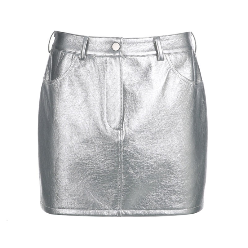 Womens Metallic Silver PU Mini Skirts A-Line Stretchy Bodycon Short Skirt for Festival Rave Party Clubwear Fashion Casual Wear