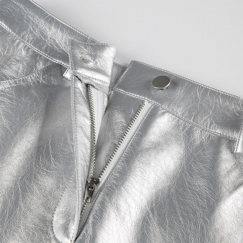 Womens Metallic Silver PU Mini Skirts A-Line Stretchy Bodycon Short Skirt for Festival Rave Party Clubwear Fashion Casual Wear