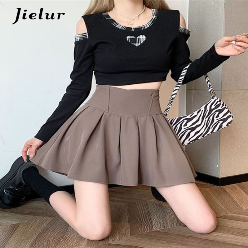 Jielur Fashion Women Zipper High Waist Mini Skirt Korean Style Anti-Glare Pleated Skirt Female Show Leg Length A-Line Skirts