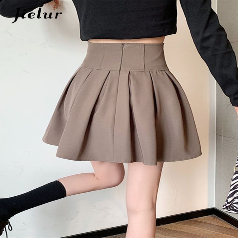 Jielur Fashion Women Zipper High Waist Mini Skirt Korean Style Anti-Glare Pleated Skirt Female Show Leg Length A-Line Skirts